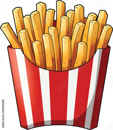 Vector Illustration A Delicious Portion of Golden French Fries in a Red and White Striped Box