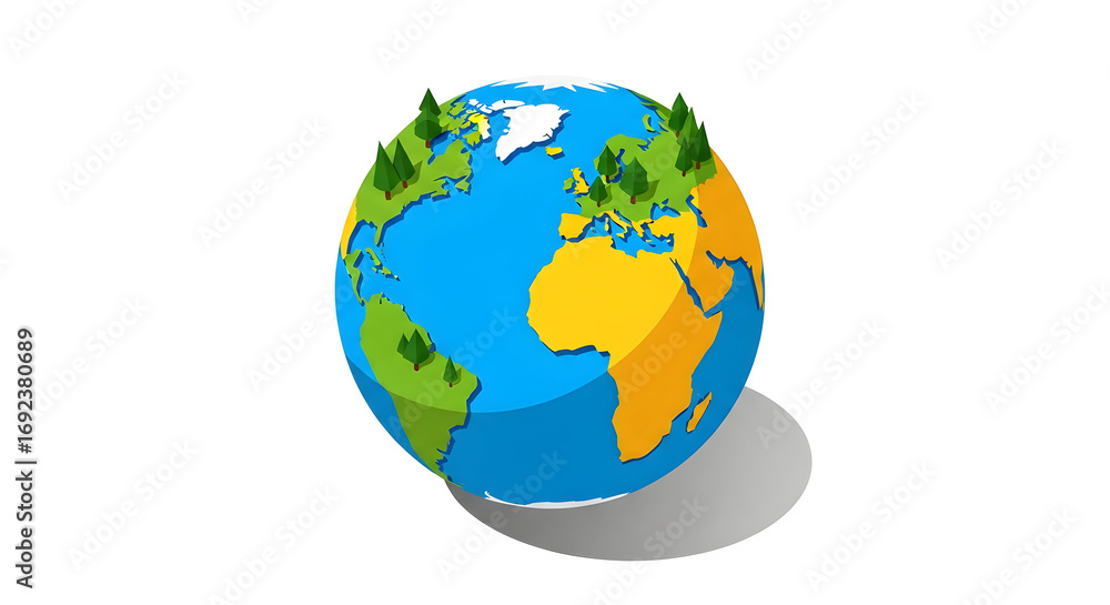 Fototapeta premium Isometric Earth Globe with Green Trees and Shadow on White Background