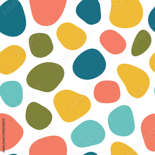 Seamless pattern of colorful abstract organic shapes and spots, a minimalist and modern vector background design