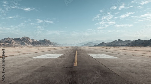 Perspective of an empty military airstrip, rugged and minimalist, with barren surroundings.