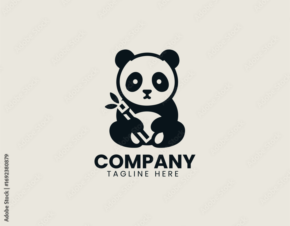 Panda bear illustrated as adorable vector logo in minimal black and white design style