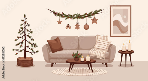 A cozy modern living room decorated for Christmas with a minimalist tree garland and warm candles. EPS Editable