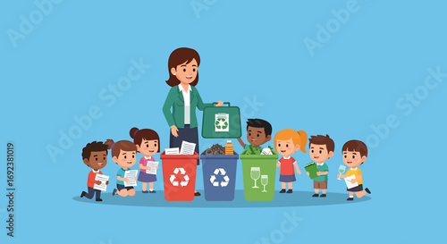 A diverse group of cartoon children with their teacher learning to sort waste into colorful recycling bins. EPS Editable