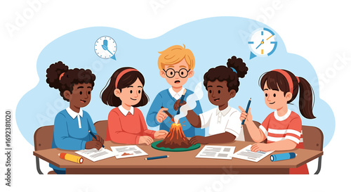 A diverse group of five cartoon students collaborating on a volcano science experiment writing notes and observing the eruption. EPS Editable