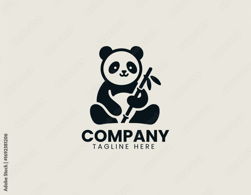 Panda bear illustrated as adorable vector logo in minimal black and white design style