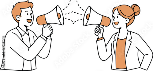 Two people communicating with megaphones representing announcement sharing information and public speaking