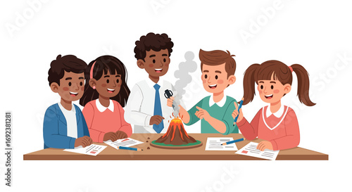 A diverse group of smiling students and their teacher observe a smoking volcano model for a science fair project. EPS Editable
