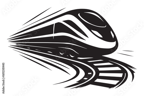 Modern high speed train speeding along curved train tracks motion blur illustration