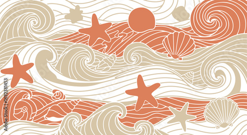 Ocean themed background with waves starfish and seashells for summer designs