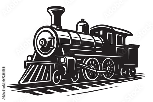 Vintage steam locomotive illustration on railroad tracks in black and white