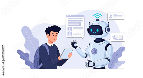 A young student with a backpack and tablet interacts with a friendly waving AI robot tutor. EPS Editable