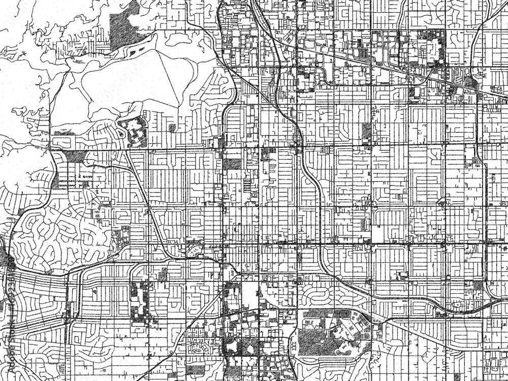 Fototapeta premium Black and white sketch-style map of Canoga Park, California, designed digitally with fine details and bold textures.