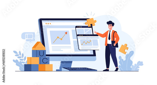 Businessman with a puzzle piece creating a user interface on a desktop computer. EPS Editable