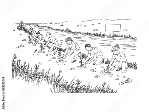 Rural landscape scene with three figures tending to crops in a field white background