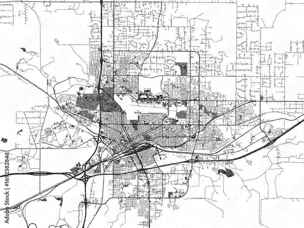 Fototapeta premium Poster-ready city map of Cheyenne, Wyoming, in black and white sketch-like style with detailed street layouts.