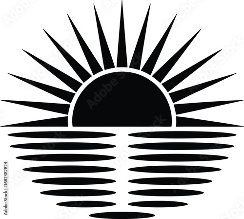 Bold black sunrise over stylized water reflecting calm and new beginnings, symbolizing hope