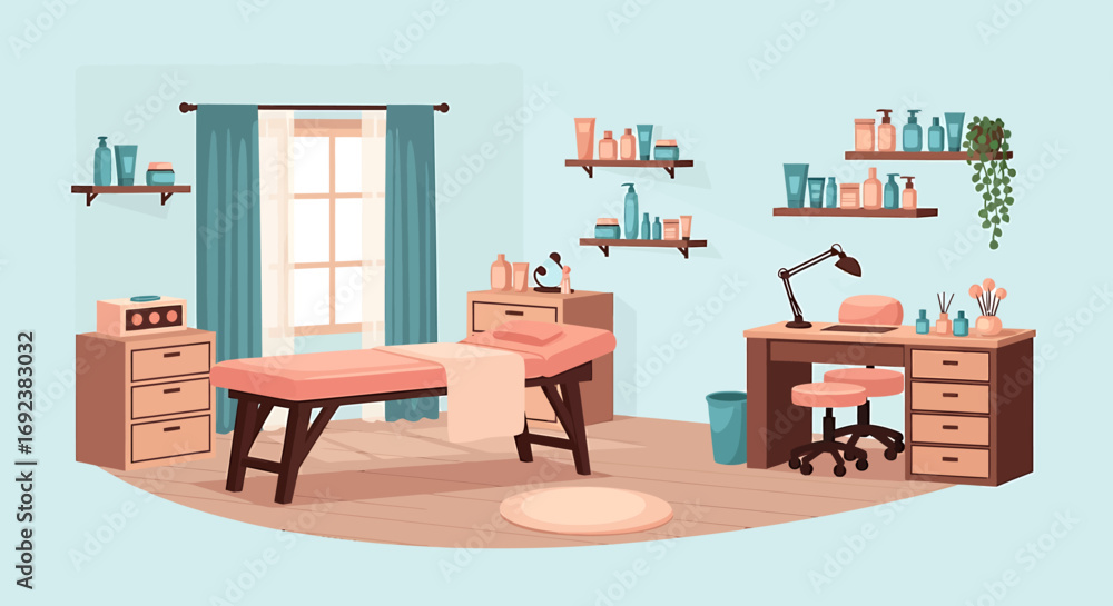 Fototapeta premium Flat vector illustration of a cozy beauty salon interior with a massage table manicure station and shelves with cosmetic products. EPS Editable