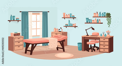 Flat vector illustration of a cozy beauty salon interior with a massage table manicure station and shelves with cosmetic products. EPS Editable