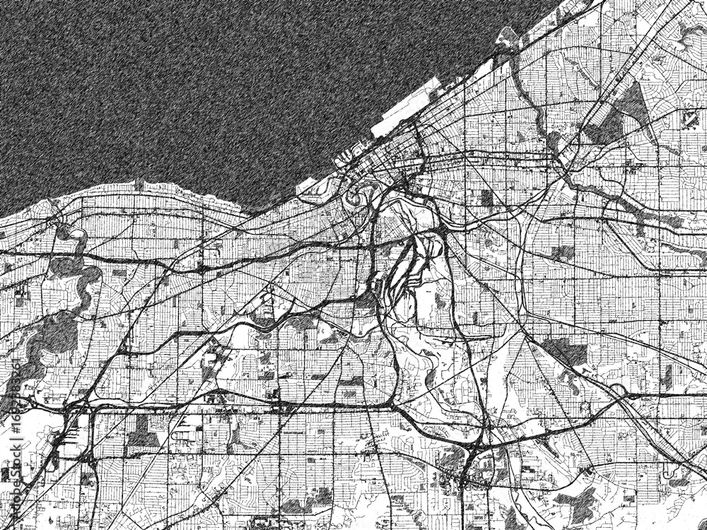 Fototapeta premium Decorative map of Cleveland, Ohio, rendered in sketch-like monochrome, ideal for posters and travel projects.