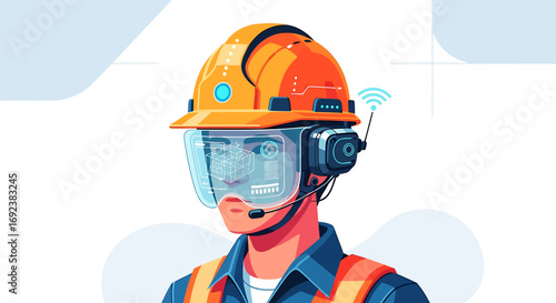 Futuristic industrial worker wearing a smart helmet with an AR holographic display. EPS Editable