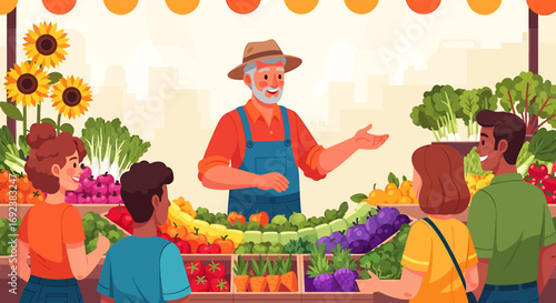 Friendly senior farmer with a white beard selling colorful produce at a bustling market stall. EPS Editable