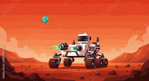 Futuristic white robotic rover with six rugged wheels and a glowing green laser cannon. EPS Editable