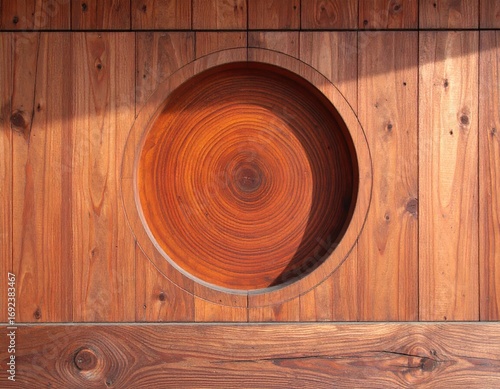 Wooden Wall with Circular Window and Concentric Pattern.