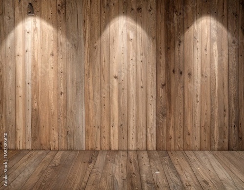 Wooden Wall and Floor with Spotlights Rustic Interior Design.