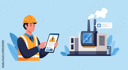 Industrial engineer in a hard hat using a smart tablet to monitor factory machinery and receive alerts. EPS Editable