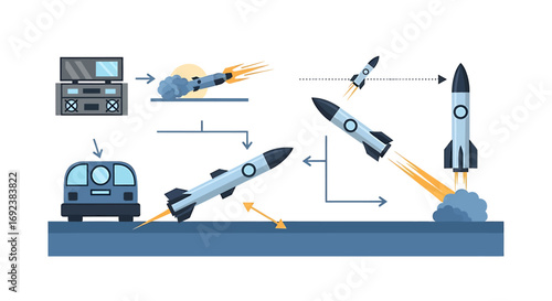 Infographic illustrating the stages of a guided missile launch from a mobile platform with a control center. EPS Editable