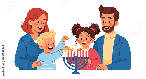 Joyful cartoon family with two children celebrating Hanukkah by lighting the menorah. EPS Editable