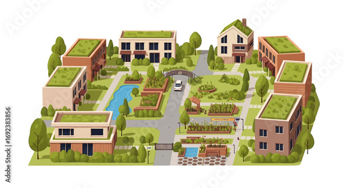 Isometric view of a sustainable community with modern houses green roofs and community gardens. EPS Editable
