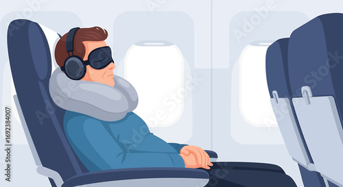 Male passenger sleeping peacefully on an airplane seat wearing a neck pillow sleep mask and headphones for comfort. EPS Editable