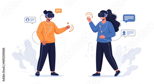 Man and woman wearing VR headsets and haptic suits interacting in a virtual reality metaverse simulation. EPS Editable
