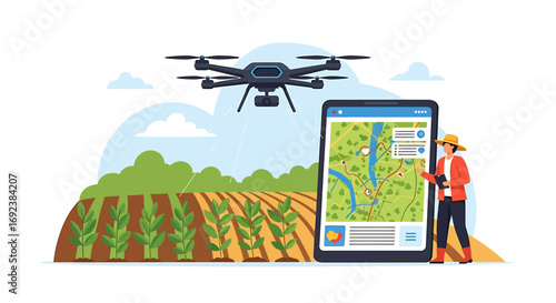 Modern farmer in a hat controlling an agricultural drone over a field using a large tablet with a map interface. EPS Editable
