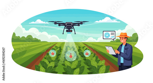Modern farmer operating a quadcopter drone with a tablet for precision agriculture and crop analysis. EPS Editable