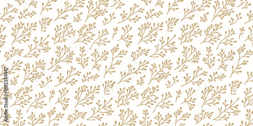 Vector floral seamless pattern. Gold and white botanical ornament with simple flower branches, twigs, small leaves, seaweeds, corals. Minimal golden organic background texture. Luxury repeat design