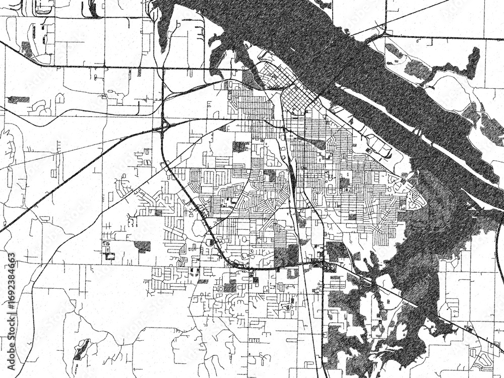 Fototapeta premium Hand-drawn style map illustration of Decatur, Alabama, in black and white with detailed streets and neighborhoods.