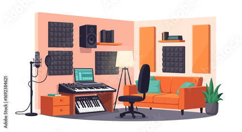 Modern home music recording studio illustration with professional equipment synthesizer microphone and soundproofing panels. EPS Editable