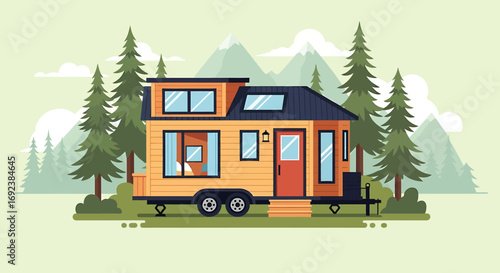 Modern tiny house on wheels with wooden siding a dark roof and loft windows Vector illustration. EPS Editable