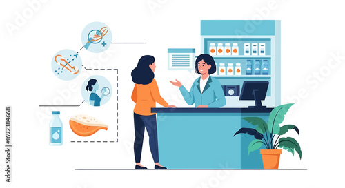Pharmacist consults a female patient at a pharmacy counter with medical infographics. EPS Editable