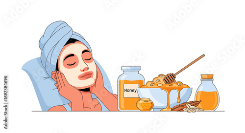 Relaxed woman with a towel wrap and serene expression enjoying a natural honey and oat facial mask. EPS Editable
