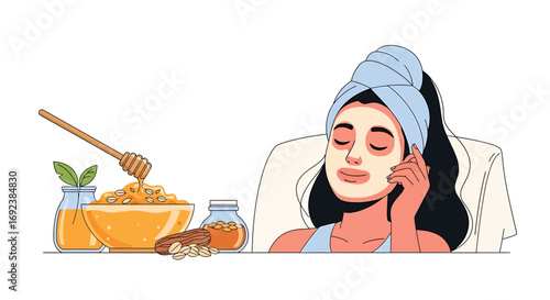 Serene woman with a towel wrap enjoying a homemade facial mask with honey and oat ingredients. EPS Editable