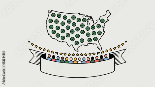 United states map filled with check marks above diverse group on a banner with stars on top edge