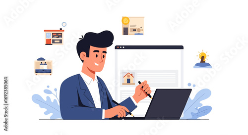 Smiling businessman in a blue suit working on a laptop browsing real estate options online. EPS Editable