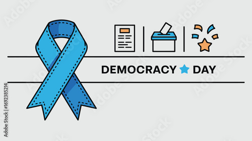 Illustration for democracy day featuring a ribbon ballot box document and star confetti design element