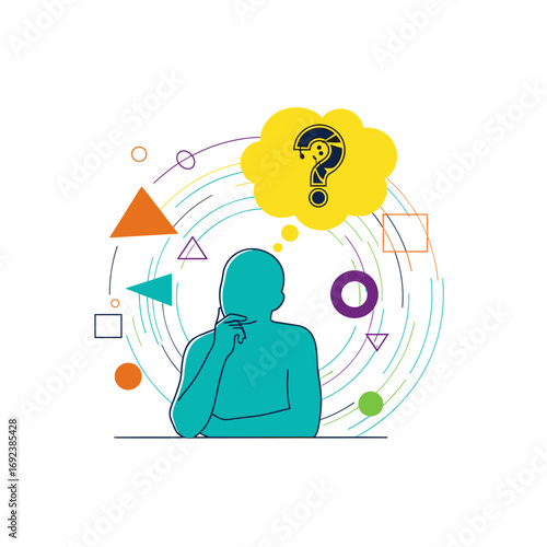 A person contemplating decisions and problems while surrounded by abstract shapes and colors symbolizing complex thoughts and uncertainty