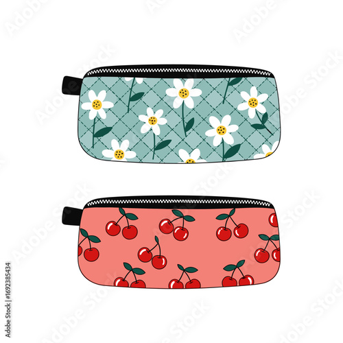 Charming pencil case featuring sweet cherry print and delightful daisy patterns for stylish organization