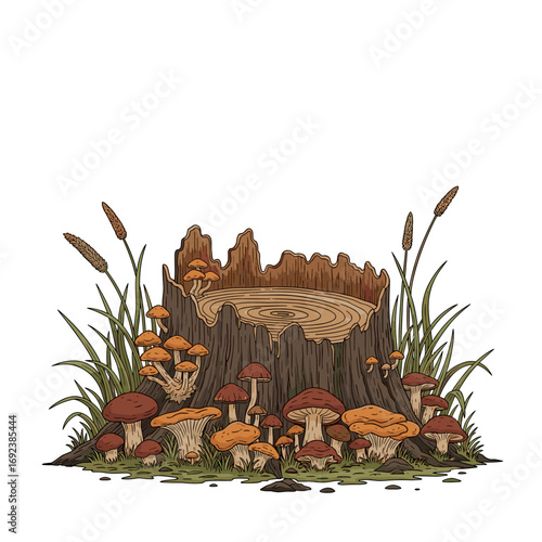 A weathered tree stump surrounded by a vibrant cluster of diverse mushrooms growing in lush green grass with tall reeds