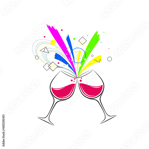 Celebratory toasting wine glasses with colorful explosions and geometric shapes sparkle for festive occasions